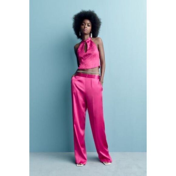 NWT Zara Satin Effect Floral Jacquard Keyhole Halter Top in Fuchsia - Picture 5 of 16